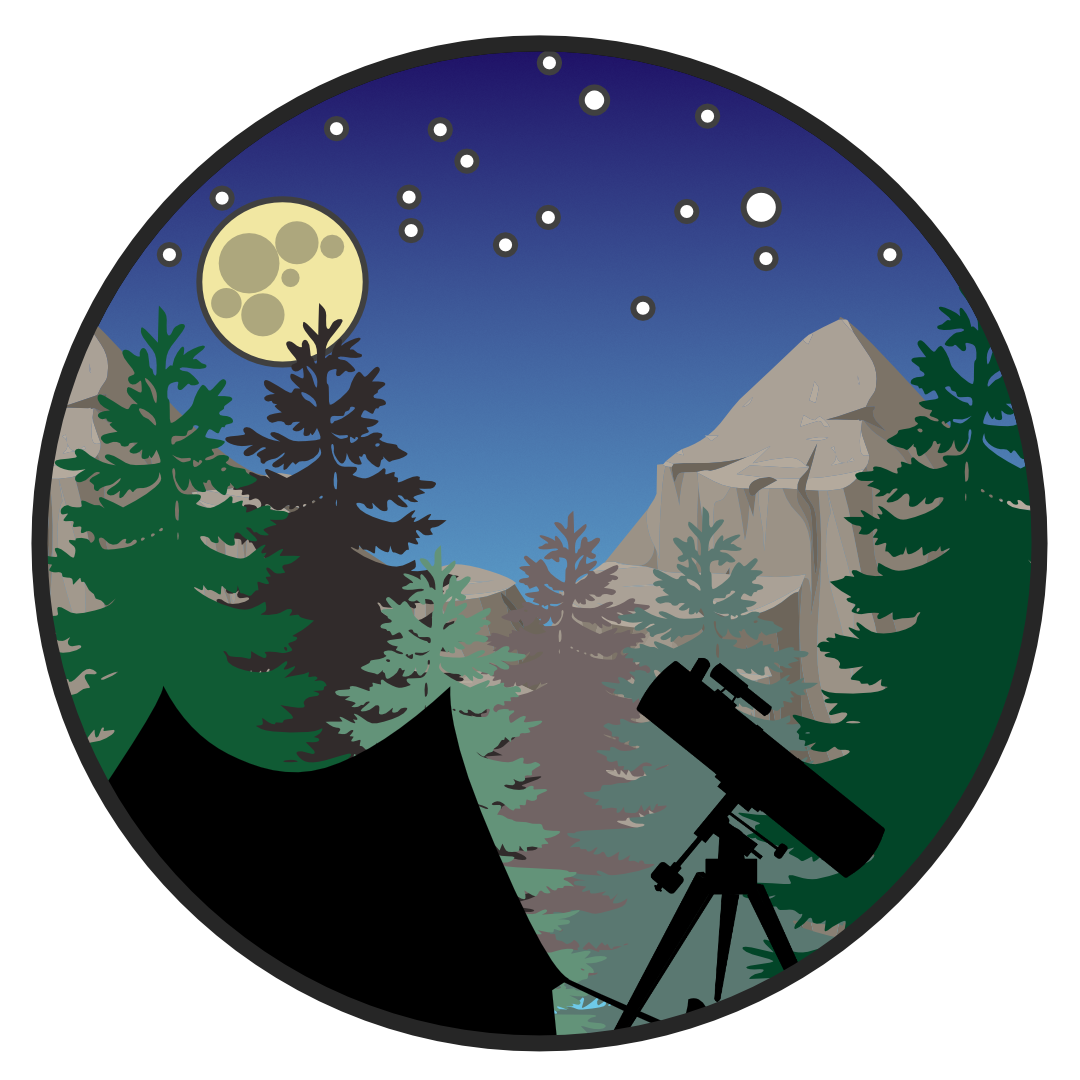Graphic showing a tent and telescope in the foreground, with trees, mountain, and starry night sky in the background. The telescope points at a full moon.