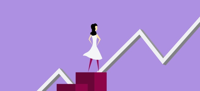 Graphic of a woman standing on bar chart columns, with a white line graph rising in the background